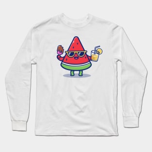 Cute Watermelon Holding Ice Cream And Orange Juice Long Sleeve T-Shirt